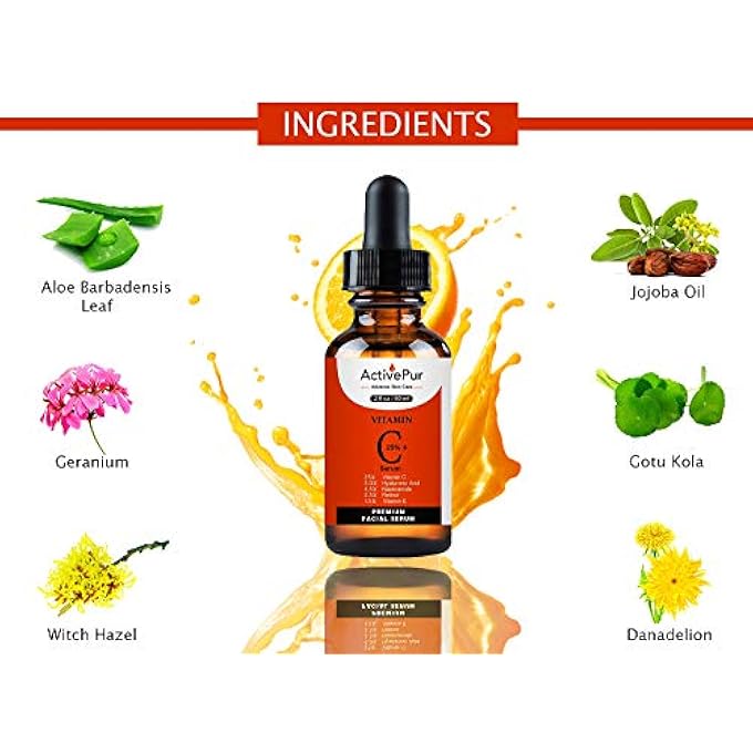 ActivePur 25% VITAMIN C SERUM FOR FACE (2 OZ/60 ML) VITAMIN E+B5, HYALURONIC ACID SERUM FOR FACE RETINOL FERULIC ACID NIACINAMIDE COLLAGEN, ANTI AGING WRINKLE AGE SPOTS EYE CIRCLES SKIN MOISTURIZER - Image 3